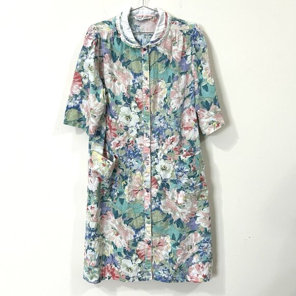 VTG MODELS COAT Robe L XL Floral Snap 3/4 Sleeve House Dress Cottagecore - Picture 1 of 10
